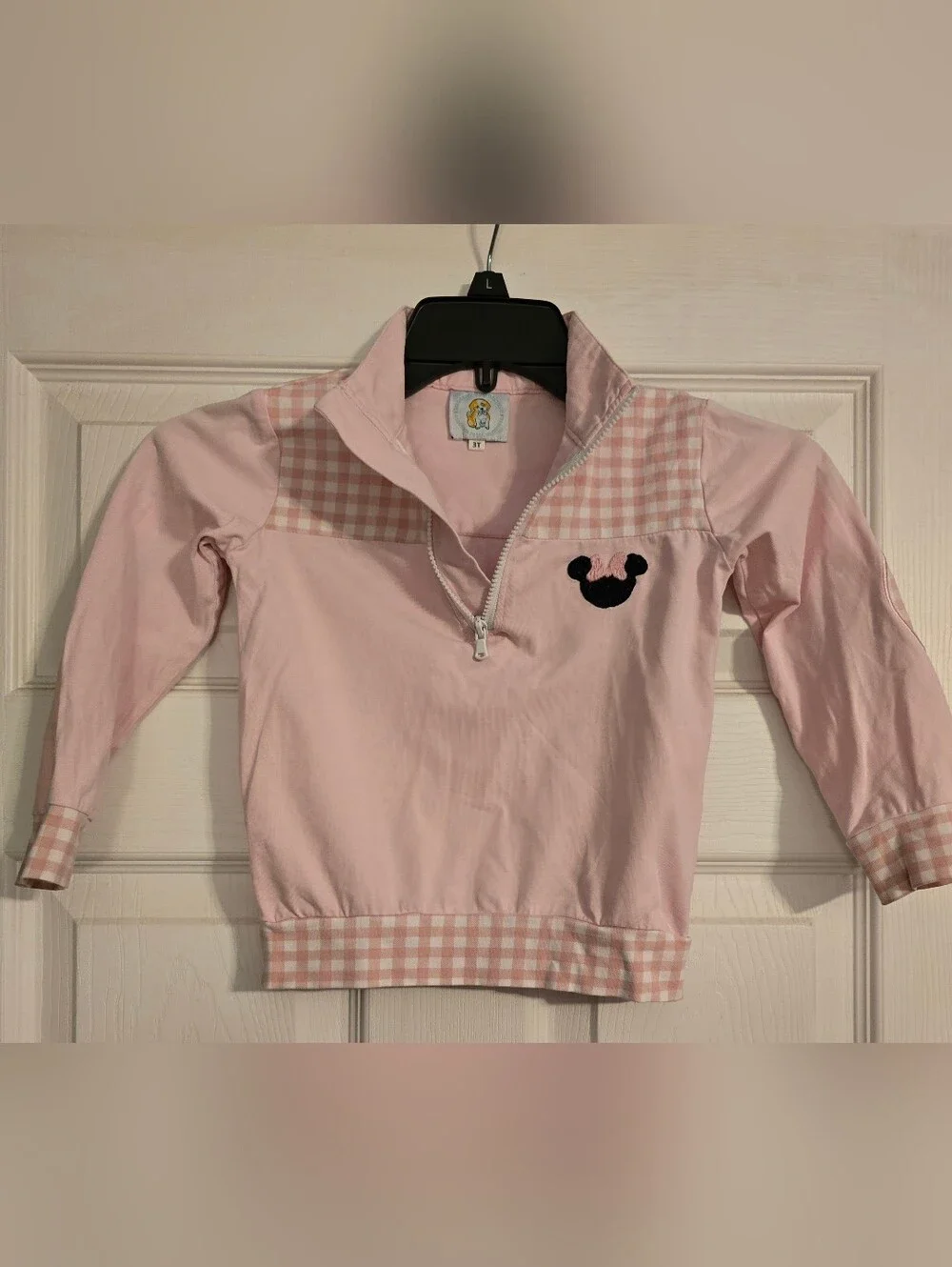 Girls Pink Gingham Pullover Sweatshirt with Mouse Applique